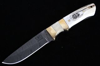 Stag Antler Chief Bust Scrimshaw Damascus Knife