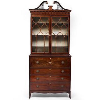 George III Mahogany, Satinwood and Rosewood Inlaid Secretary Bookcase