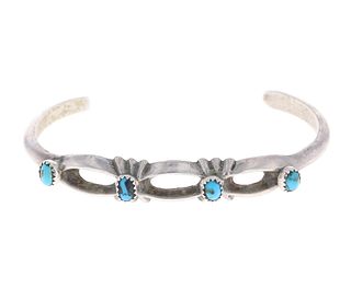 Navajo Silver & Turquoise Sandcast Bracelet c 1940