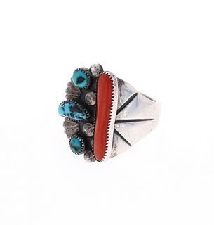 C. 1960's Navajo Turquoise & Red Branch Coral Ring