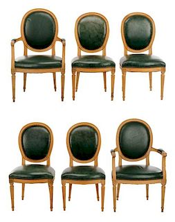 Set of 6 French Beechwood & Green Leather Chairs