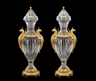 Pair of Empire Style Bronze Mounted Crystal Urns