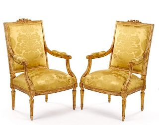 Pair of Louis XVI Style Giltwood Fauteuils, 19th C