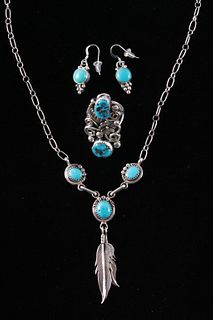 Navajo Turquoise Necklace, Earrings & Ring (3)
