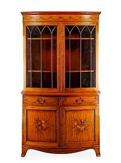 Edwardian Style Satinwood Painted Bookcase Cabinet
