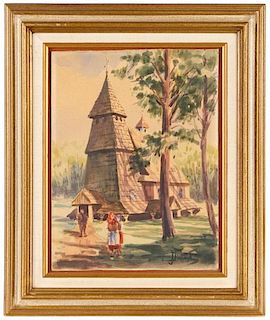 Julian Falat Signed Watercolor, "Polish Church"