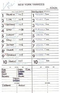 1989 New York Yankees Spring Training 5.5x8.5  Lineup Card vs. Mets 151532