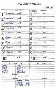 1989 New York Yankees Spring Training 5.5x8.5 Lineup Card vs.Expos 151542
