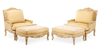 Pair of Louis XV Style Oversized Chairs w/Ottomans
