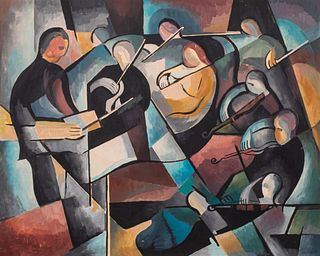 Illegibly Signed Cubist 'Musicians' Oil on Panel