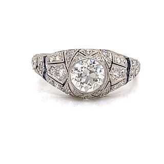 Art Deco Platinum Diamond Sapphire Engament RingÂ 