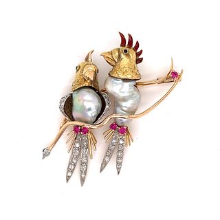 Retro 18k Pearl Parrot Diamond BroochÂ 