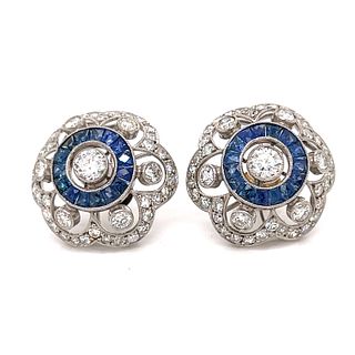 Platinum Diamond Sapphire Flower Earrings