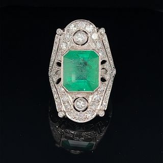 Art Deco Platinum Emerald Diamond Chevalier RingÂ 