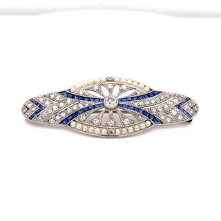 Art Deco Platinum Diamond Sapphire Plaque BroochÂ 