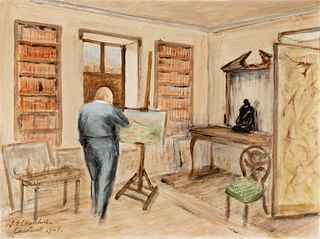 John George Spencer Churchill, Study of Winston Churchill Painting in His Study at Chartwell, 1948