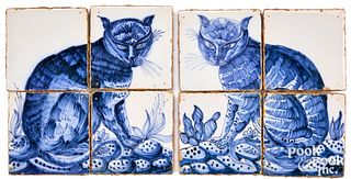 Pair of Delft four tile plaques of a cat, 18th c.