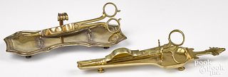 Two English brass scissor snuffers and trays