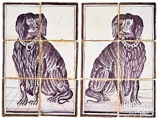 Pair of Delft six tile plaques of spaniels