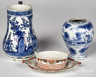 Delft blue and white tankard and vase, 18th c.