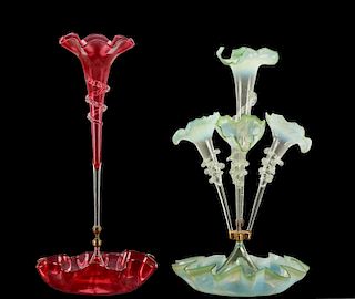 Two Victorian Glass Epergnes: Green & Cranberry