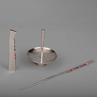 Charles Loloma, Group of Silver/inlay items, Two Bud Vases and Cocktail Stirrer ca. 1980