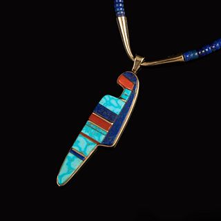 Charles Loloma, Gold, Lapis and Stone Inlay Corn Maiden Necklace, 1985