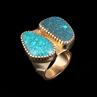 Charles Loloma, Gold and Double Turquoise Ring, ca. 1980