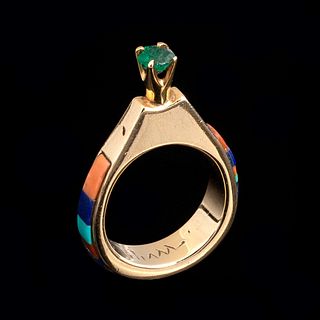 Charles Loloma, Gold, Stone Inlay and Emerald Ring