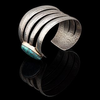 Charles Loloma, Tufa Cast Silver, Turquoise and Gold Cuff Bracelet, ca. 1975