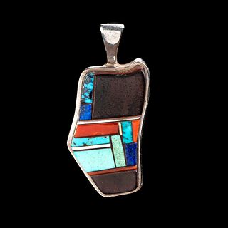 Charles Loloma, Mosaic Pattern Pendant with Wood and Turquoise