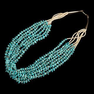 Charles Loloma, 7 Strand Heishi Turquoise Beaded Necklace with Gold Cones