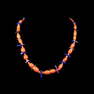 Charles Loloma, Beaded Coral, Lapis and Gold Necklace