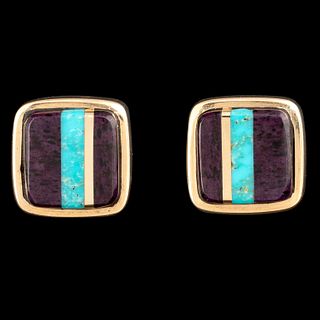 Charles Loloma, Pair of Gold, Lavulite and Turquoise Earrings