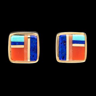 Charles Loloma, Pair of Gold and Stone Inlay Earrings
