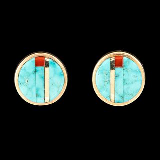 Charles Loloma, Gold and Stone Inlay Stud Earrings