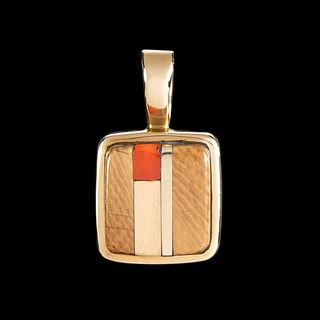 Charles Loloma, Gold, Wood and Coral Inlay Pendant