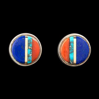 Charles Loloma, Pair of Silver and Stone Inlay Stud Earrings