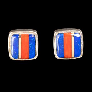 Charles Loloma, Coral, Lapis and Gold Inlay Earrings