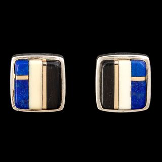 Charles Loloma, Pair of Silver and Stone Inlay Earrings