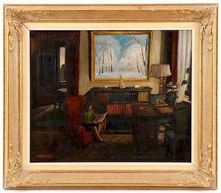 Continental School, Reading Room Signed Oil