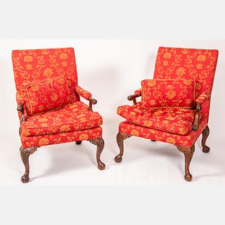Pair of Georgian Style Carved Mahogany Arm Chairs