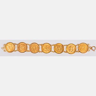 English 9kt Yellow Gold and 22kt Gold 19005-1915 Half Sovereign Coin Bracelet