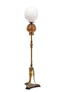 Rococo Revival Converted Floor Oil Lamp, Brass