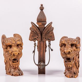English Gothic Revival Style Carved Wood Lion Head Form Finials and Door Knocker