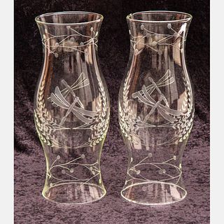 Pair of Etched Glass Hurricane Shades