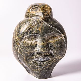 Zoomorphic  Double Bust Carved Green Stone.