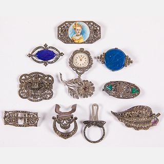 10 Sterling Silver Marcasite Brooches, Clips and Watch by Imperia