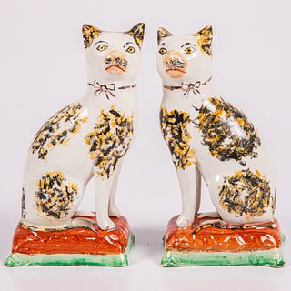 Pair of Staffordshire Pottery Cats on a Pillow