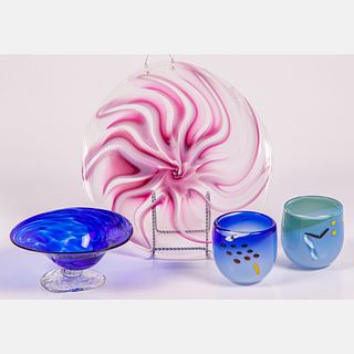 Four Art Glass Cups, Plate and Footed Bowl